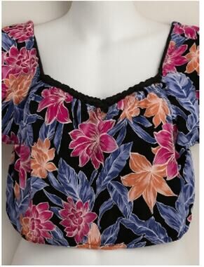 Roxy Tropical Floral Crop Top  Large Black Blue Pink Square Neck NWT